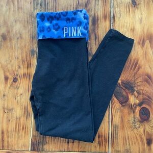 PINK Victoria's Secret Black Leggings with Blue Leopard Foldover Waistband